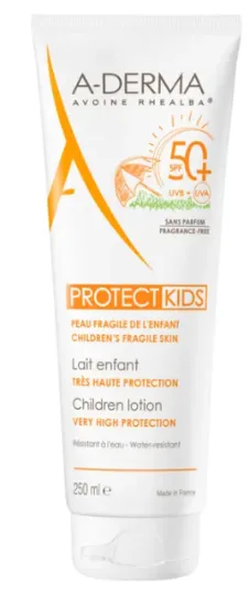 Tube med A-Derma Protect Kids sollotion SPF 50+ til barn, 250 ml.