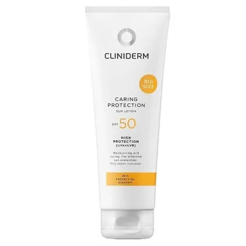 Tube med Cliniderm Caring Protection sollotion SPF 50 uten parfyme, 250 ml.