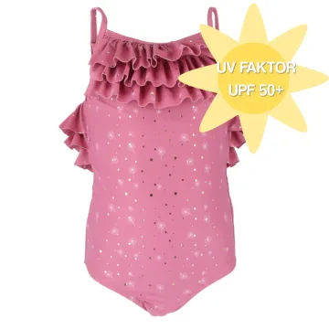 UV-badedrakt til barn fra Bablegøye i rosa med volanger og mønster, merket UPF 50+.