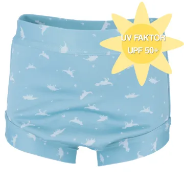 UV-badeshorts til baby fra Bablegøye i lyseblått med dinosaurmønster, merket UPF 50+.
